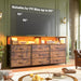 55" W Dresser for Bedroom with 9 Drawers, LED TV Stand with Power Outlets for 45, 55, 65 Inch TV, Sturdy Long Chest of Drawers with Extra 2 Wooden Shelves, Rustic Brown