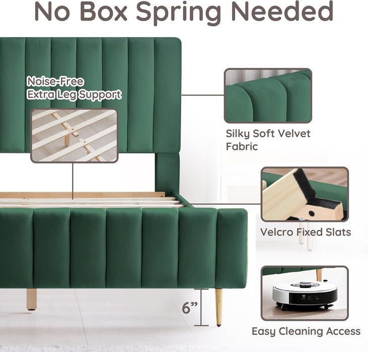 Queen Size Elton Velvet Platform Bed, Upholstered Bed Frame with Vertical Channel Tufted Headboard Footboard, Strong Wood Slats, No Box Spring Needed, Green (Queen)