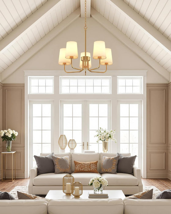 Chandeliers for Dining Room, 5-Light Gold Chandelier Light Fixture, E26 Base-Dining Room Light Fixtures over Table with White Shade, Farmhouse Chandelier for Bedroom Living Room Foyer Entryway
