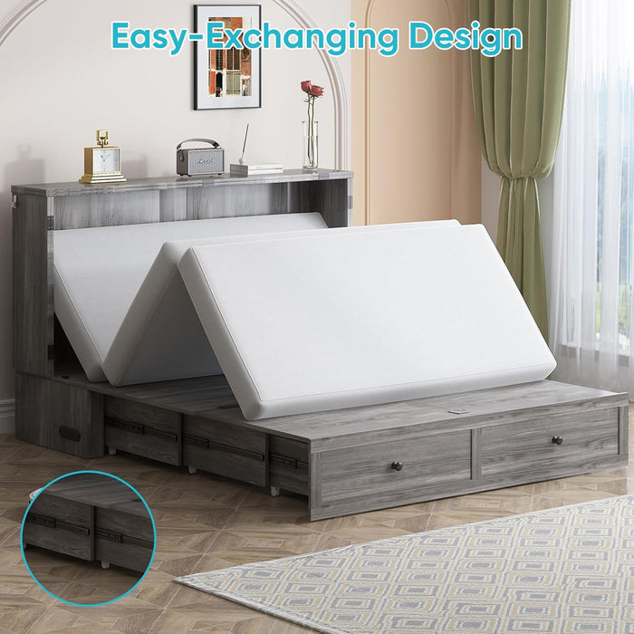 Queen Size Murphy Bed with Tri-Folding Mattress，Murphy Bed with Charging Station and 2 Large Storage Drawers for Small Spaces/Bedroom（Grey）