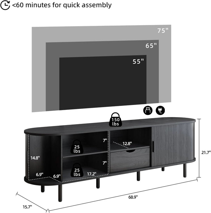 69" Mid-Century TV Stand with Power Outlet, Fluted Entertainment Center with Storage Drawer, TV Console with Sliding Door and Adjustable Shelves, TV Stand up to 80" for Living Room, Bedroom, Black