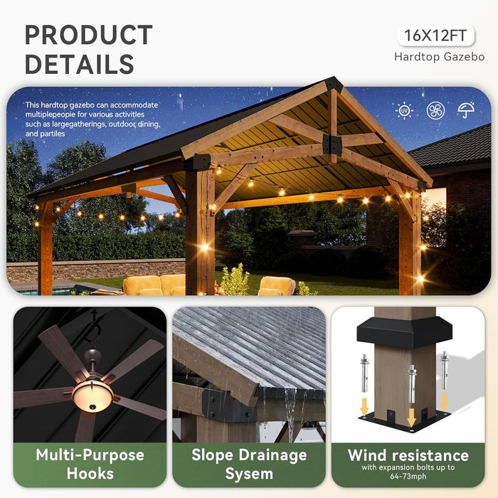 12' X 16' Outdoor Wood Gazebo, Permanent Cedar Wooden Pavilion with Galvanized Steel Hardtop Gable Roof, Heavy Duty Patio Gazebo for Garden, Backyard, Deck, Lawn and Outdoor Living Space
