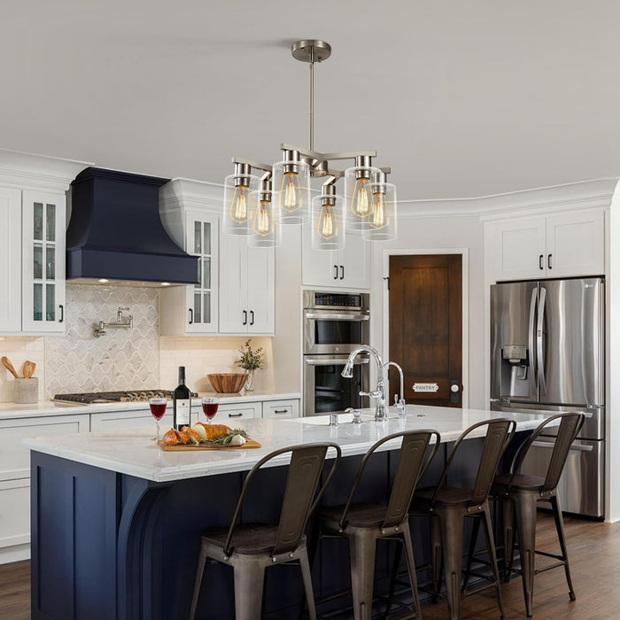 6-Light Modern Farmhouse Brushed Nickel Chandelier, Dining Room Light Fixture over Table Adjustable Height Hanging Industrial Pendant Lights Kitchen Island, Clear Glass Shade