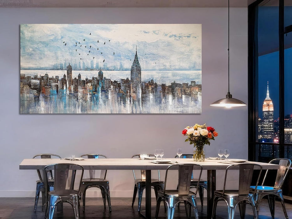 Cityscape Wall Art New York City Skyline Canvas Picture Living Room, Modern Abstract Grey NYC Painting Framed Artwork for Bedroom Home Office Mens Room Wall Decor, Extra Large 58"X29"
