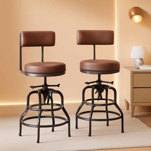 22-29 Inch Adjustable Height Swivel Bar Stools with Back Set of 2 | Vintage Bar Counter Height Stool with Thicken Premium Bonded Leather Seat & Sturdy Padded Backrest, Easy Assembly, Brown