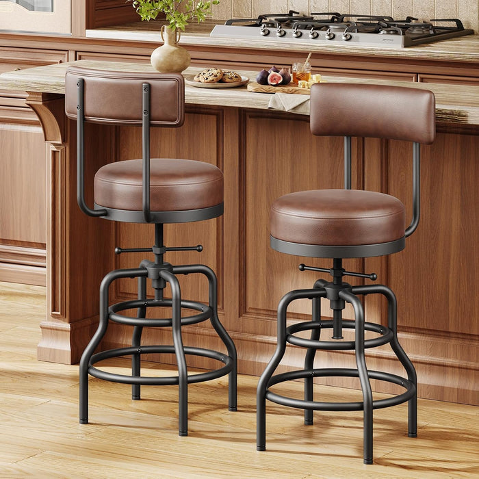 22-29 Inch Adjustable Height Swivel Bar Stools with Back Set of 2 | Vintage Bar Counter Height Stool with Thicken Premium Bonded Leather Seat & Sturdy Padded Backrest, Easy Assembly, Brown