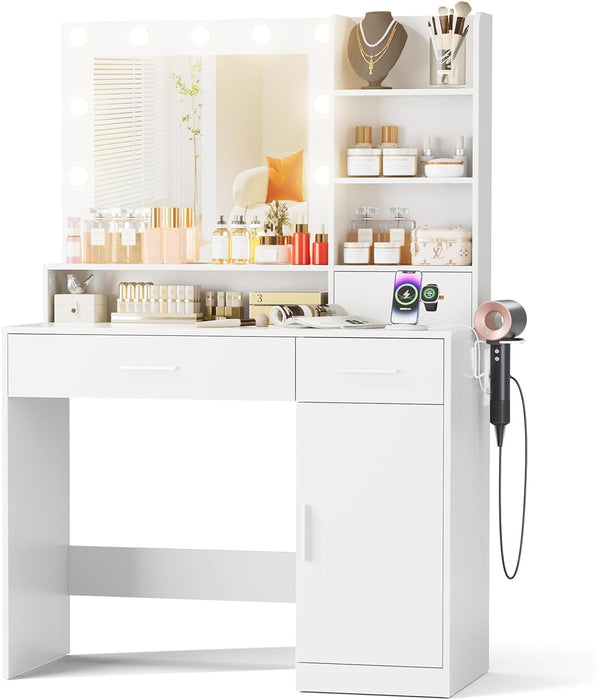 3 Lighting Modes Adjustable Brightness, with LED Lights and Mirror, with Power Outlets and 2 Drawers, 4 Storage Shelves Cabinet, White Makeup Table, Vanity Desk, Dressing Table for Bedroom