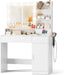 3 Lighting Modes Adjustable Brightness, with LED Lights and Mirror, with Power Outlets and 2 Drawers, 4 Storage Shelves Cabinet, White Makeup Table, Vanity Desk, Dressing Table for Bedroom
