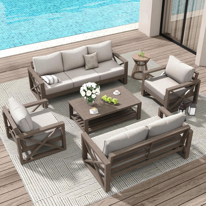 Aluminum Patio Furniture Set, 8 Pieces Modern Metal Outdoor Furniture, Faux Wood Grain Finish Frame Patio Sofa Sets with 6" Cushion for Backyard, Beige (Included Waterproof Covers)