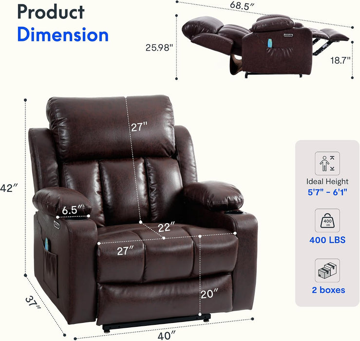 FLEXISPOT XL31-XL Oversized Power Lift Recliner for Elderly, 400 Lbs Heavy Duty Lay Flat Lift Chair with Extra Wide 27" Seat, Massage & Heat, Dual Motor Electric Recliner for Living Room, Dark-Brown