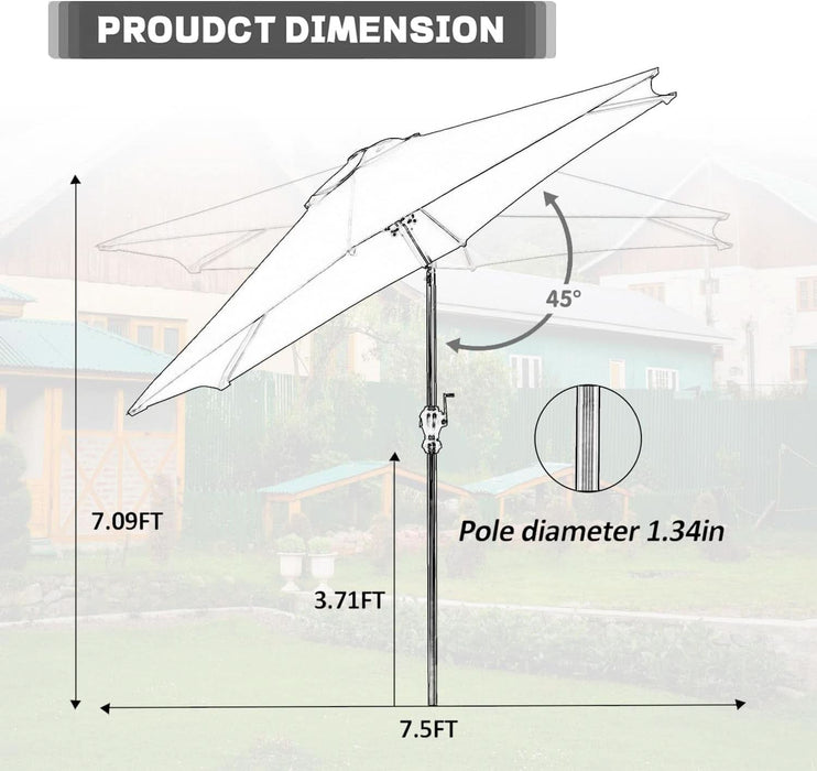 7.5 Foot Aluminum Patio Umbrella Tilt Crank Outdoor Shade