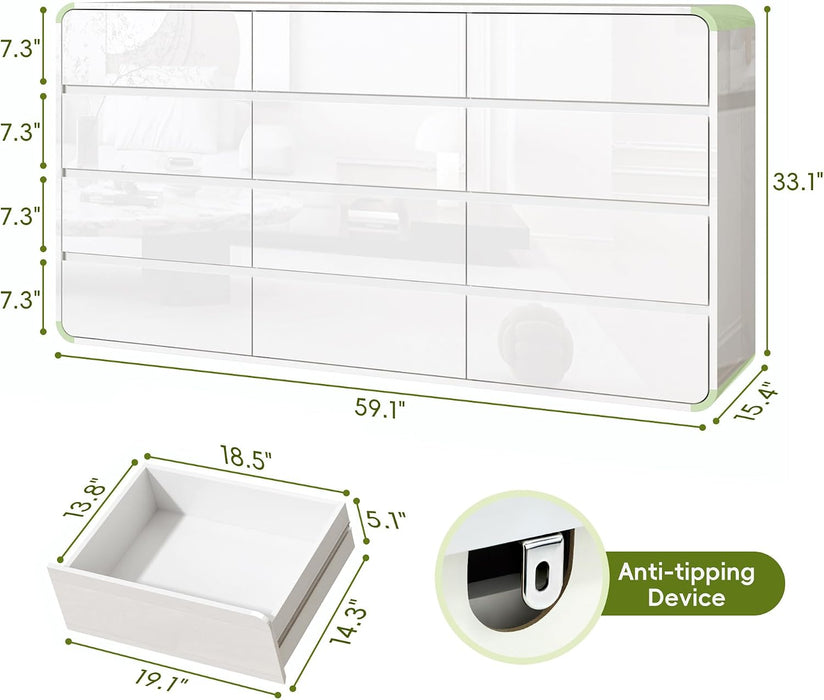 Modern Curved 12 Drawer Dresser for Bedroom, Safe Edge, White Glossy