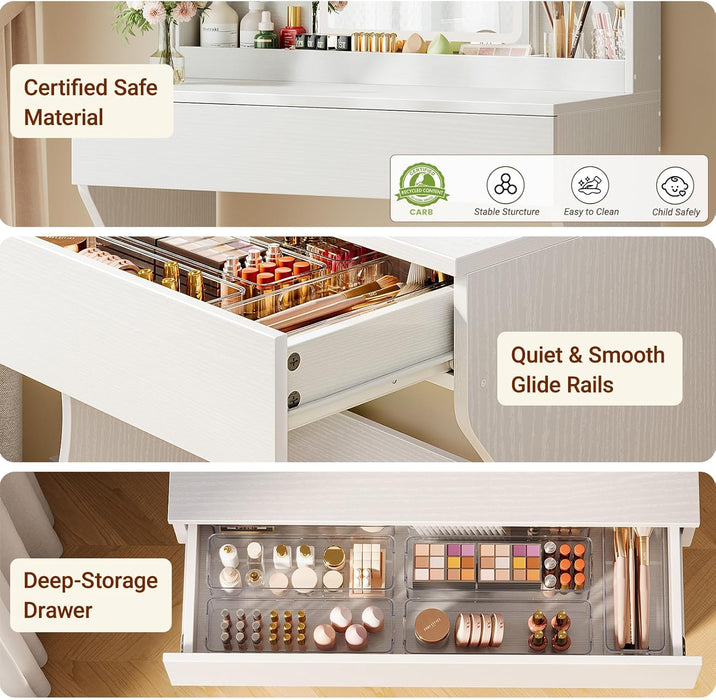 Compact White Vanity Desk With Dimmable Illumination
