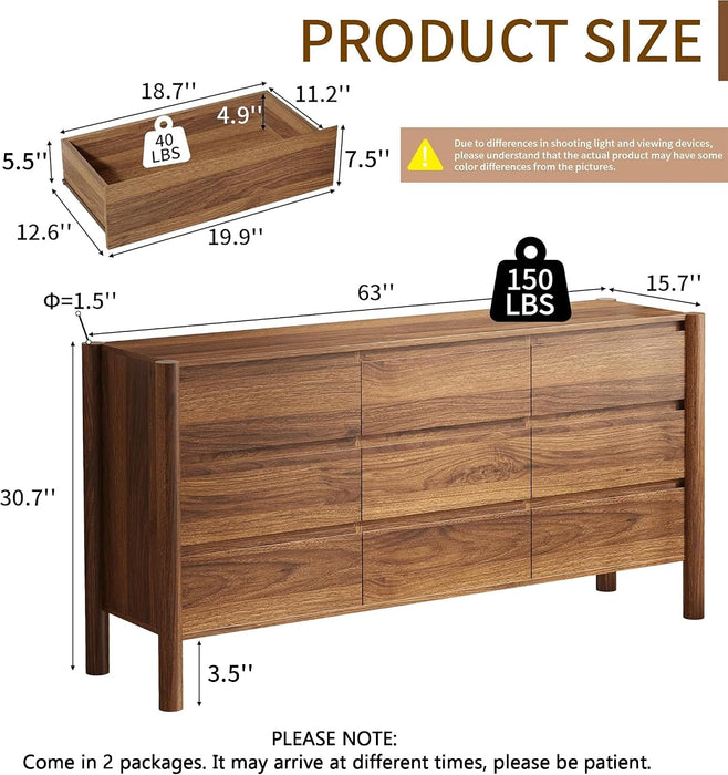 63" Wide Walnut 9 Drawer Dresser for Bedroom with Solid Wood Legs