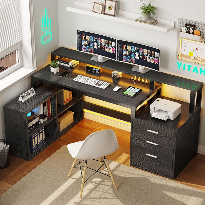 Black L-Shaped Desk with 3 Drawers & LED Lights