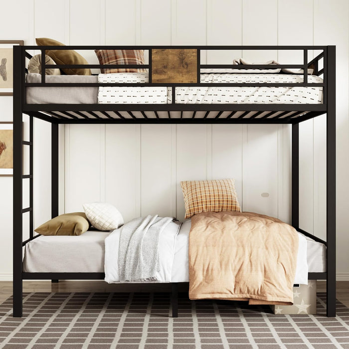 Twin over Twin Bunk Bed with Rustic Wooden Accents, Sturdy Metal Frame, Space-Saving Design, Noise-Free, Black