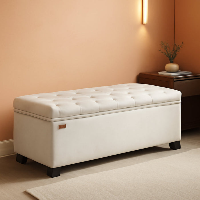 Velvet Storage Ottoman Bench, Foot Rest with Legs, 15.7 X 43 X 15.7 Inches, End of Bed Bench, Storage Chest, Load up to 660 Lb, for Living Room, Bedroom, Entryway, Cream White ULSF089W01