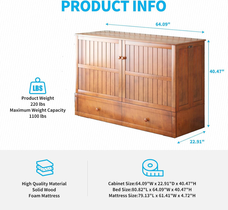 Queen Murphy Bed, Murphy Cabinet Bed with Tri-Folding Mattress and 2 Storage Drawers, Modern Cube Cabinet Beds with Built-In USB Charging Station for Living Room/Apartment, Cherry