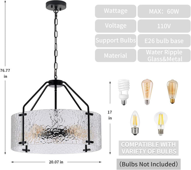 Black Handcrafted Glass Drum Chandelier 20in Fixture