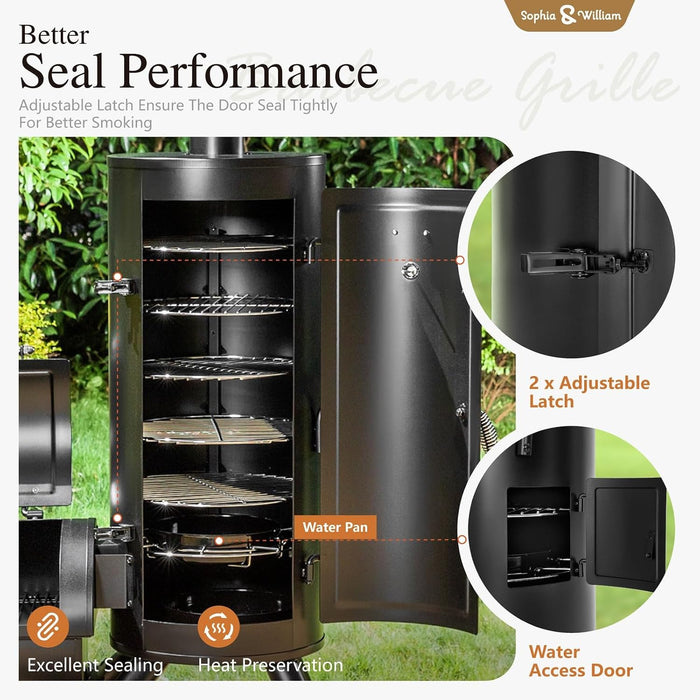 Heavy-Duty Vertical Offset Charcoal Smoker Extra Large Outdoor BBQ Gill with Offset Smoker, 961 SQ.IN. Cooking Area with Warming Tray,Push-Out Ash Tray for Event Gathering, Black