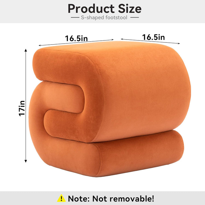 Modern Velvet Upholstered Ottoman, Comfortable Velvet Foot Stools, Exquisite End Table Pouf Stool Soft Shoe Stool, S Shape Ottoman for Makeup Room Living Room Bedroom Entrance (Orange)