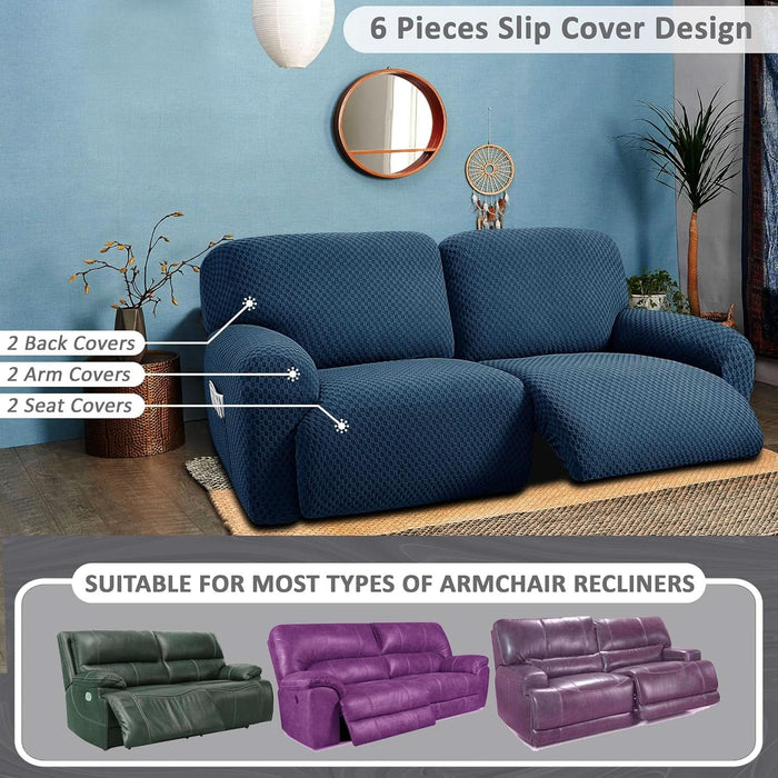 Extra Wide 75" - 100", Reclining 2 Seater Sofa, Extra Wide Reclining Love Seat Slipcover, 6-Piece Jacquared Fabric, Reclining Sofa Covers, Thick, Soft, Washable (Navy)(Style 1)