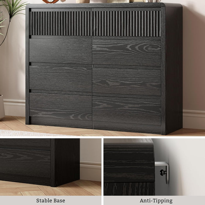 Black Fluted 8 Drawer Dresser for Bedroom, Curved Edge, 50" Wide