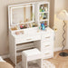 Vanity Desk with Mirror and Lights, 4 Drawers & Benches Vanity Desk Set, 3 Color Lighting Modes Adjustable Brightness Vanity for Bedroom Makeup Table