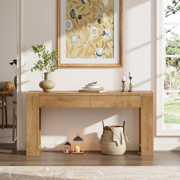 60 Inch Long Entryway Console Table with Drawers, Farmhouse Sofa Table behind Couch, Entrance Accent Table for Hallway, Living Room, Foyer, Bedroom, Wooden Thick Tabletop (Natural)