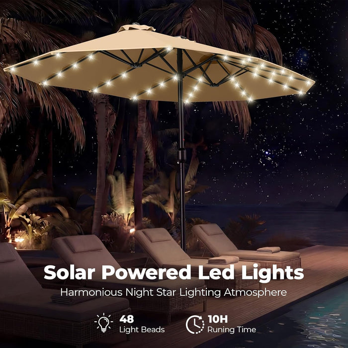 15Ft Large Double Sided Patio Umbrella with 48 Solar LED Lights & Base Included, Heavy Duty Market Table Umbrella with 220Gsm Fade-Resistant Canopy for Commercial & Residential, Deck, Pool, Backyard (Beige)
