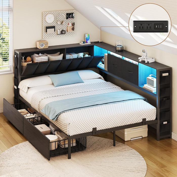 Full Corner Bed Frame with Upholstered Storage Headboard and Drawers, Metal Platform Bed Frame with LED Light and Charging Station, Full Daybed for Living Room, Bedroom & Guest Room, Black