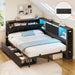 Full Corner Bed Frame with Upholstered Storage Headboard and Drawers, Metal Platform Bed Frame with LED Light and Charging Station, Full Daybed for Living Room, Bedroom & Guest Room, Black