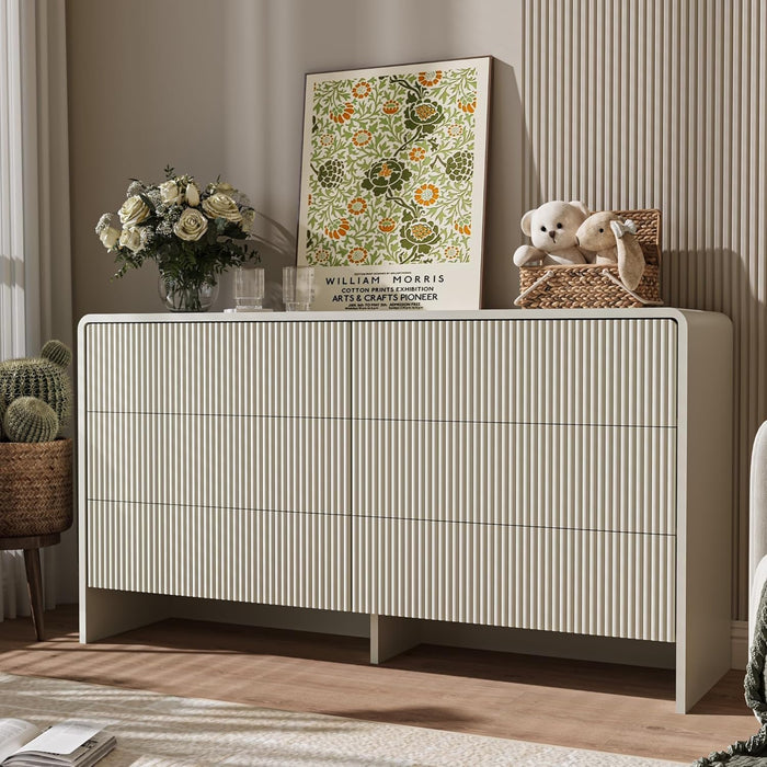 55" Wide Modern Curved 6 Drawer Dresser，Beige