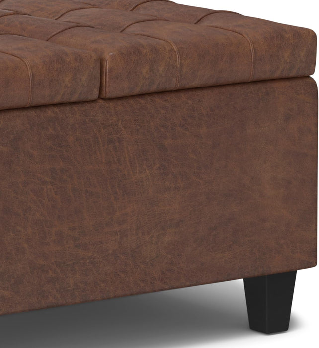Harrison 30 Inch Wide Transitional Square Small Coffee Table Storage Ottoman in Distressed Saddle Brown Vegan Faux Leather, Assembled, for the Living Room and Bedroom