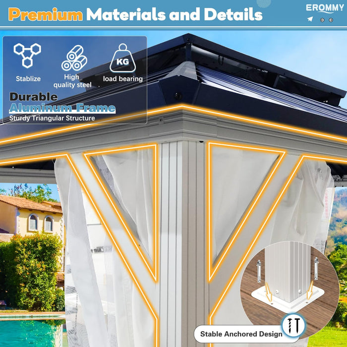 10'X12' Gazebo Hardtop, Galvanized Steel Double Roof Metal Gazebo with Aluminum Frame, Permanent Outdoor Pavilion with Curtain and Netting for Patio Lawn and Garden, Blue