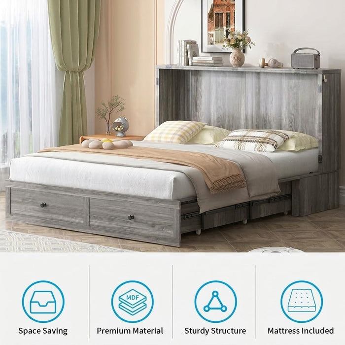 Gray Queen Murphy Cabinet BedFrame With StorageDrawers