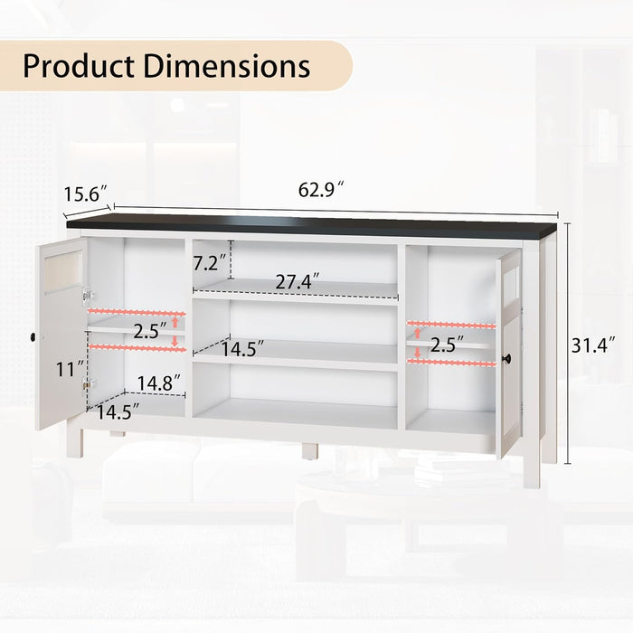 White TV Stand with Storage: 63" Tall Entertainment Center for Tvs up to 70 Inch, Long TV Consoles for Living Room, Modern Fluted Media Console with 2 Doors, Black Countertop (White)