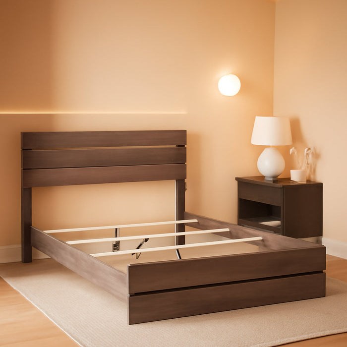 Home Furnishings - Brantford - Wood Panel Bed with Slatted Headboard, Low-Profile Frame and Scratch-Resistant Laminate - Bedroom - Queen Size - Barrel Oak - 207041Q