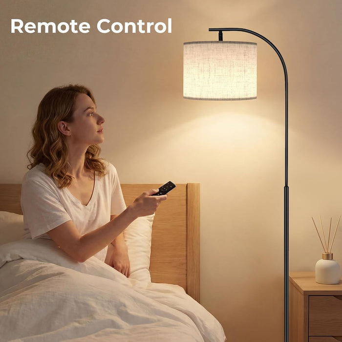 Floor Lamp with Linen Shade, Arc Dimmable Tall Standing Lamp with Remote Control, Modern Floor Reading Light for Living Room Bedroom Office Corner, 9W LED Bulb Included