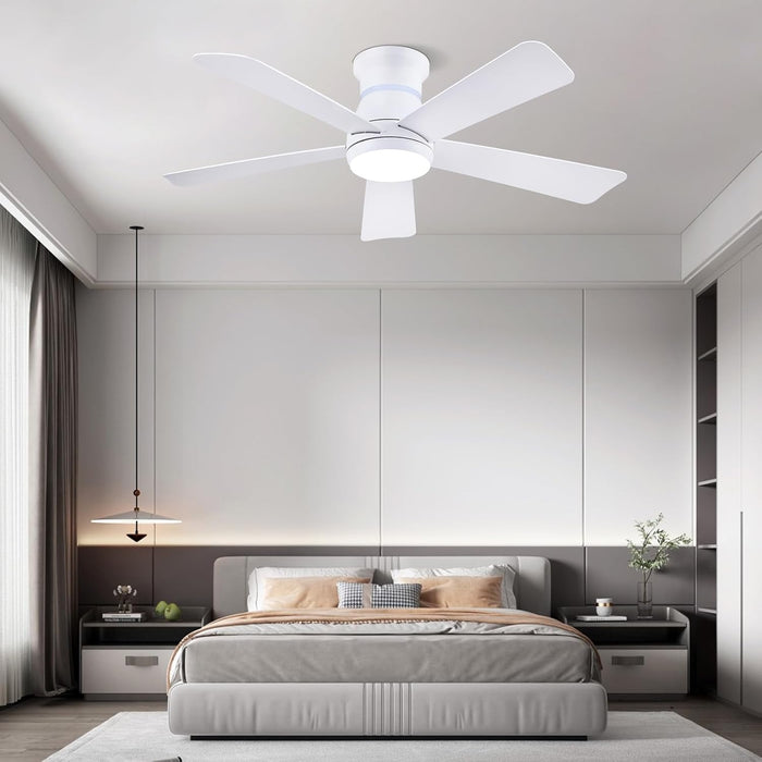 46" White Ceiling Fans with RGB Lights - Flush Mount Ceiling Fan Light with LED 3CCT Dimmable, Modern Low Profile Ceiling Fans for Indoor Party,Covered Outdoor