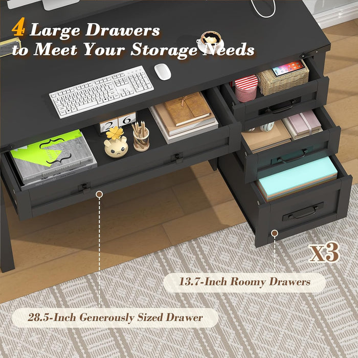 Farmhouse Computer Desk with Drawers, 47" Small Computer Desk with Power Outlets, Home Office Desk with Monitor Stand & 4 Drawers, Writing Study Table, Black