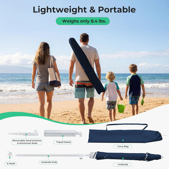 6.5Ft Sun Shade Umbrellas, Portable Umbrella with Stand, Lightweight Sun Protection Free Standing Sport Umbrella for Outdoor Sports, Camping, Fishing, Patio, Beach, Navy