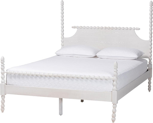 Caliana Bobbin Four-Poster Platform Bed - Wooden Bed Frame with Turned Spindle Posts and Panel Headboard, Vintage-Inspired Bedroom Furniture, White, Queen