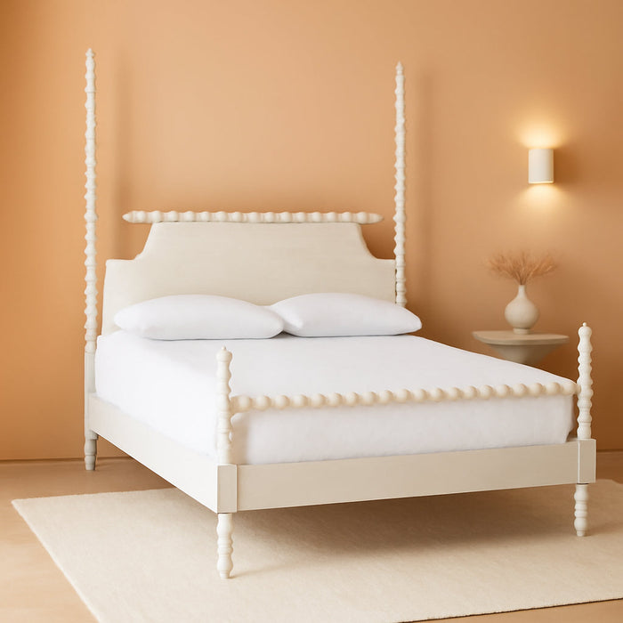 Caliana Bobbin Four-Poster Platform Bed - Wooden Bed Frame with Turned Spindle Posts and Panel Headboard, Vintage-Inspired Bedroom Furniture, White, Queen