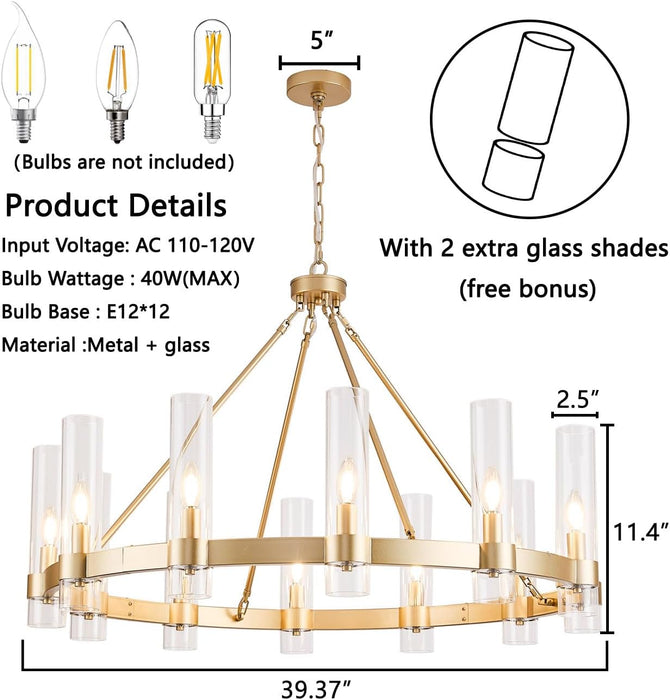 Wagon Wheel Chandelier, 12-Light Golden Farmhouse round Chandelier, Industrial Lighting Fixtures, Glass Pendant Light Suitable for Porch, Dining Room, Living Room, and Bedroom.