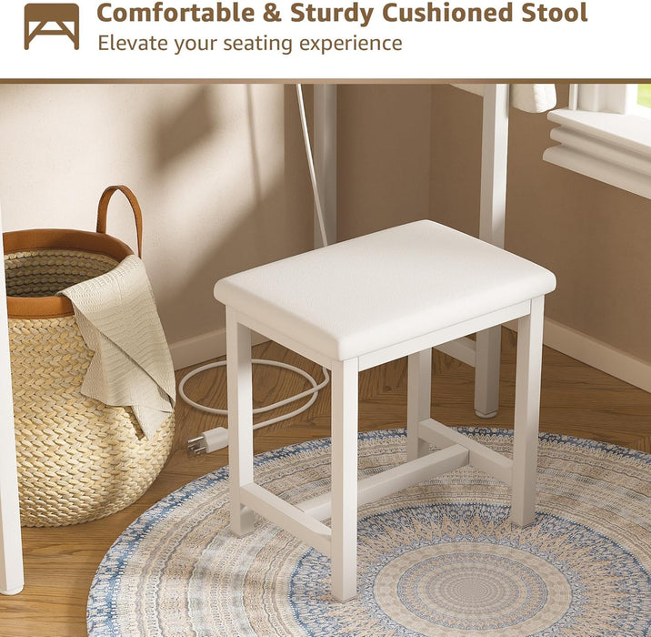 White Vanity Table with Lighted Mirror - 47“ White Vanity Desk with Mirror and Lights & Chair, Makeup Vanitys Set with Power Outlet, Dressing Table Vanities for Girls Bedroom