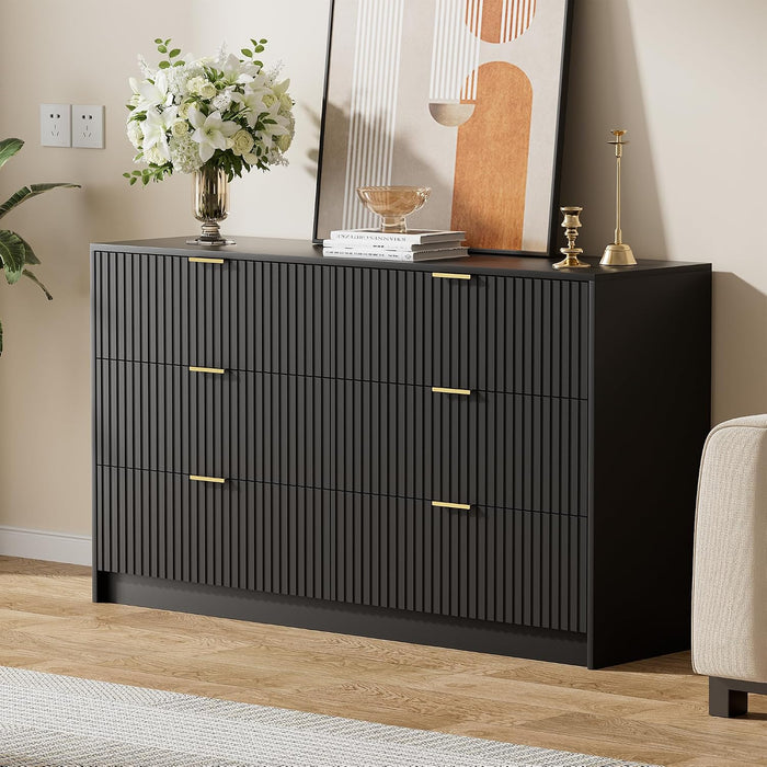 Black Dresser for Bedroom, Modern Dresser with 6 Drawers and Smooth Slides, Wide Chest of Drawers with Golden Handles for Bedroom, Living Room, Closet, 15.7" D X 55.1" W X 31.4" H