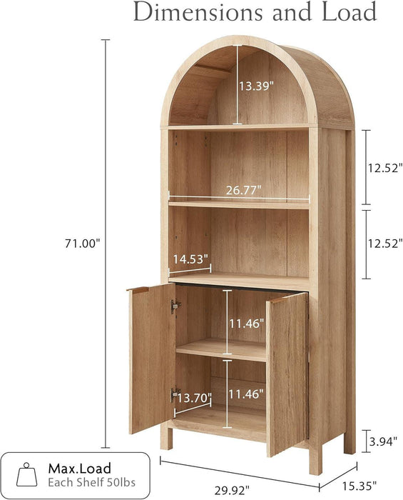 Arched Cabinet Bookshelf Bookcase - 71” Tall Mid Century Arched Display Cabinets, Rounded Bookshelf with Fluted Doors, Open Shelf Storage Cabinet for Dining Room (Natural)