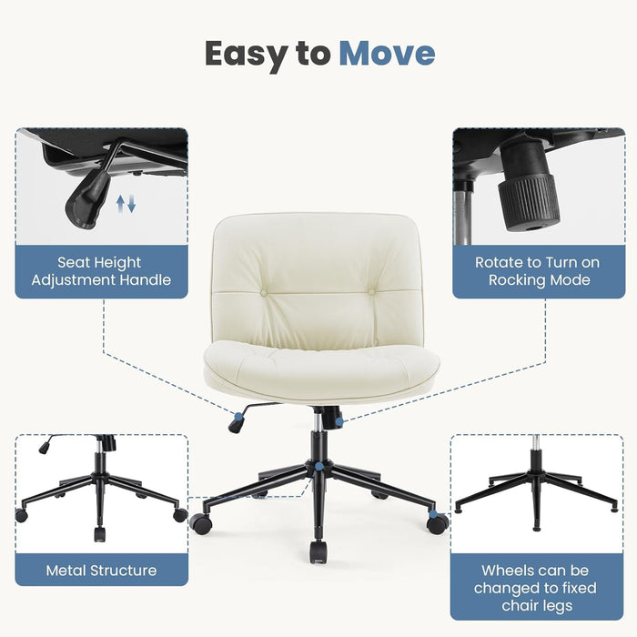 Criss Cross Chair with Wheels, Legged Office Armless Wide Seat, Adjustable Swivel Leather Task Vanity Home Office Desk Seating for Bedroom Dorm Student