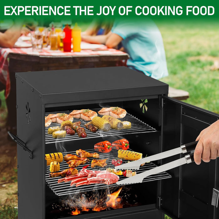 Outdoor Smoker with Double Doors, Vertical Charcoal Smoker, Outdoors Charcoal Barbeque with 2 Detachable Grill Netting Smoking Racks, Suitable for Lawn Picnic, Backyard BBQ, Black